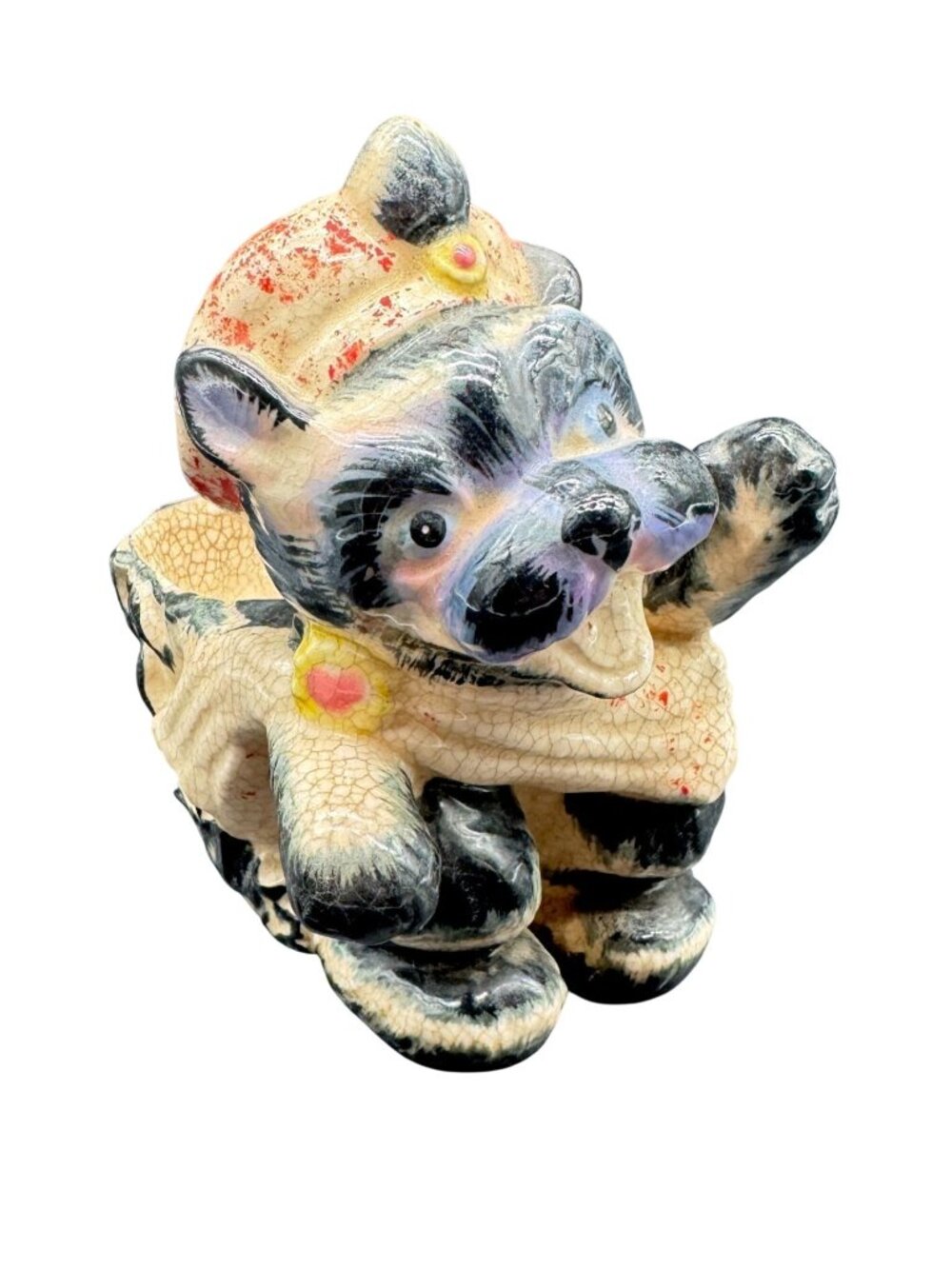 Vintage Ceramic Dog With Hat & Pouch Planter Hand-Painted Crackle Glaze